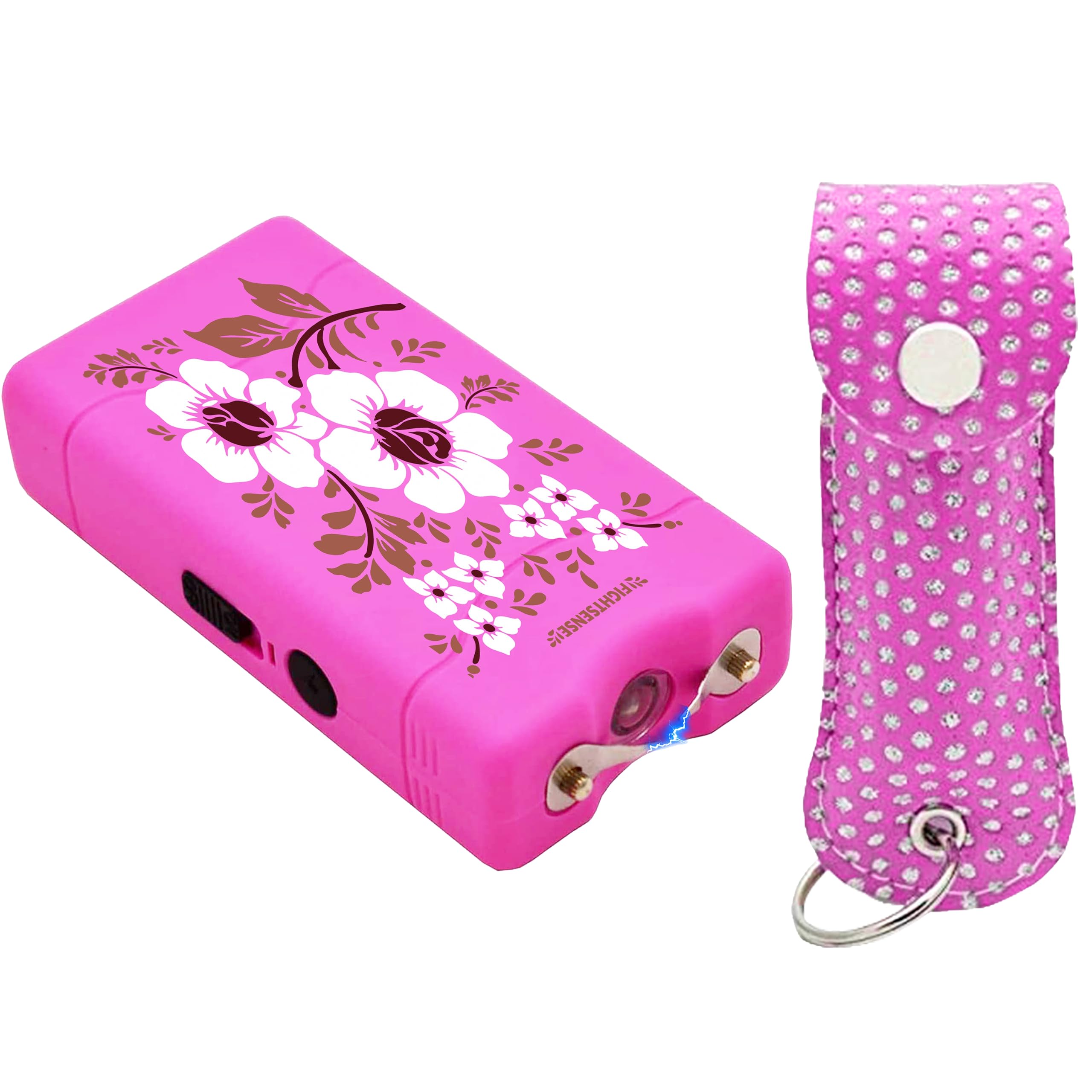 FIGHTSENSE Self-Defense Kit 1/2oz Pepper Spray & Mini Stun Gun for Men & Women25 Burst12 Foot Range1.60 µC Painful ChargeLED FlashlightSafety Switch (Pink/Pink Bling)
