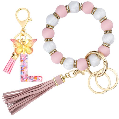 ANHBKAR Wrist Keychain Bracelet with Initial Letter Keychain Set - Silicone Bead Key Ring Keychain - Letter Gifts Keychains for Women Girls
