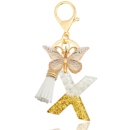 ANHBKAR Alphabet Initial Letter Keychain Butterfly Keychain Cute Resin Initial Keychain to Backpack Charms Key chain Gift for Women Girls (X GOLD WHITE)