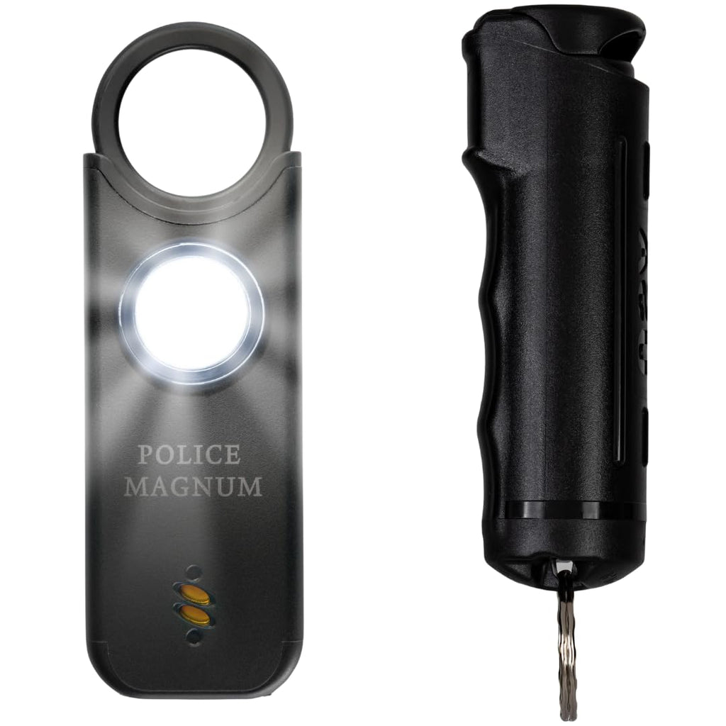 Police Magnum Personal Safety Alarm & Pepper Spray Combo Self Defense Pack for Women- Loud 135db Siren with Light & Max Strength Flip Top Pepper Spray Protection (Black)