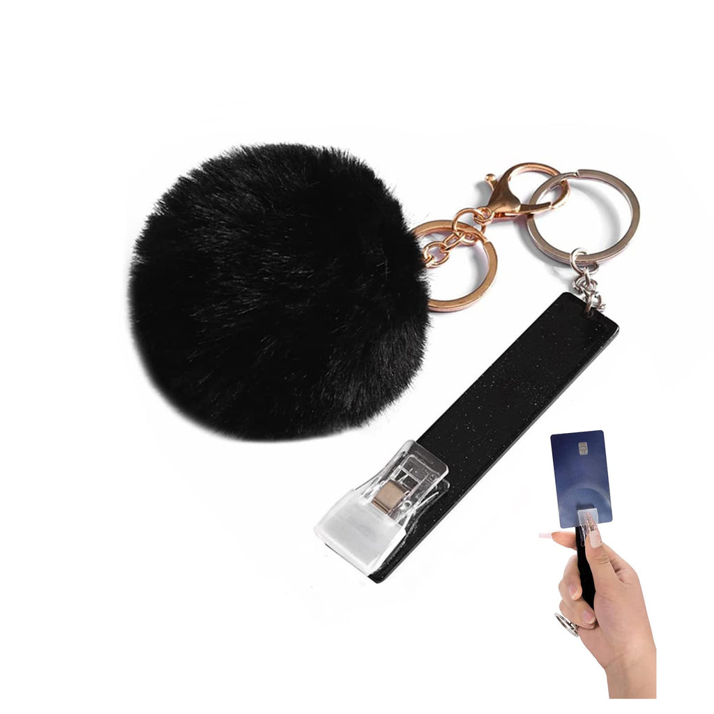Card Puller Grabber Acrylic Credit ATM Black Card Grabber Keychain for Long Nails Keychain Long Nails ATM Keychain Card Clip with Pom Pom Ball