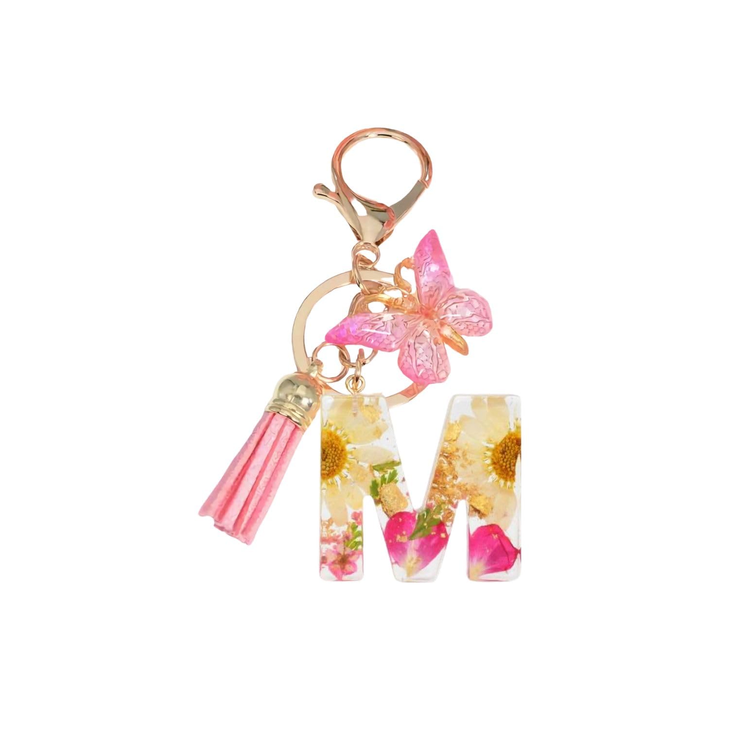 Initial Letter Keychains Pink Flower Butterfly Keychain Birthday Gifts for Women Bling Keychain For Backpack Wallet(M)